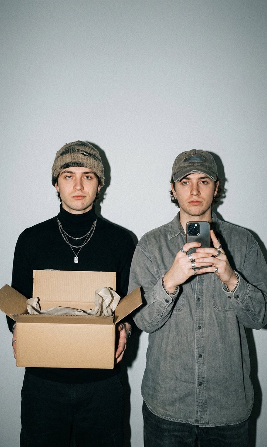 Two friends facing the camera against a grey wall, one holding an open mystery box, the other holding up a phone to film
