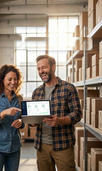 Two warehouse staff laughing at a laptop showing every store synced